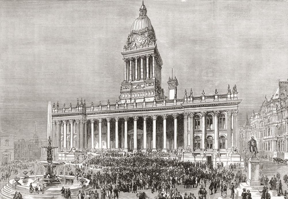 An open air band performance in front of Leeds Town Hall Yorkshire England in the 19th century From Cities of the World published c1893 Canvas Art - Ken Welsh Design Pics (16 x 11)