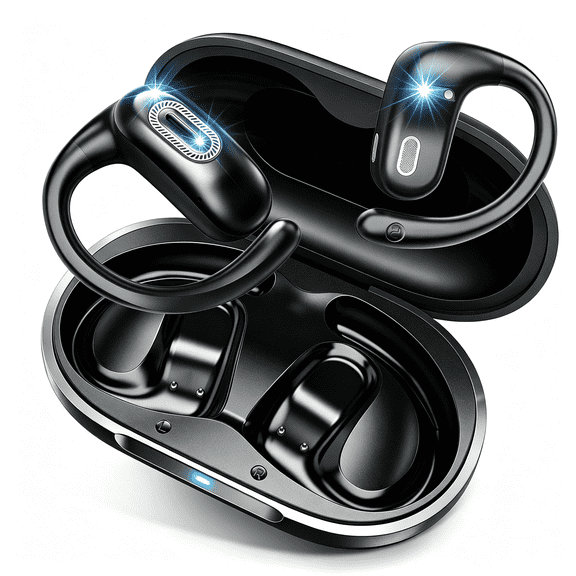 Open Ear Headphones, Open Earbuds with Comfortable Earhook, 58H Hifi Stereo Bone Conduction Earbuds with Mic, Noise Cancelling, Bluetooth 5.4 Earphones, IP7 Waterproof Wireless Earbuds for Running