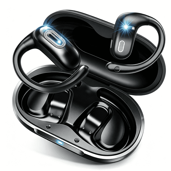 Open Ear Headphones, Open Earbuds with Comfortable Earhook, 58H Hifi Stereo Bone Conduction Earbuds with Mic, Noise Cancelling, Bluetooth 5.4 Earphones, IP7 Waterproof Wireless Earbuds for Running