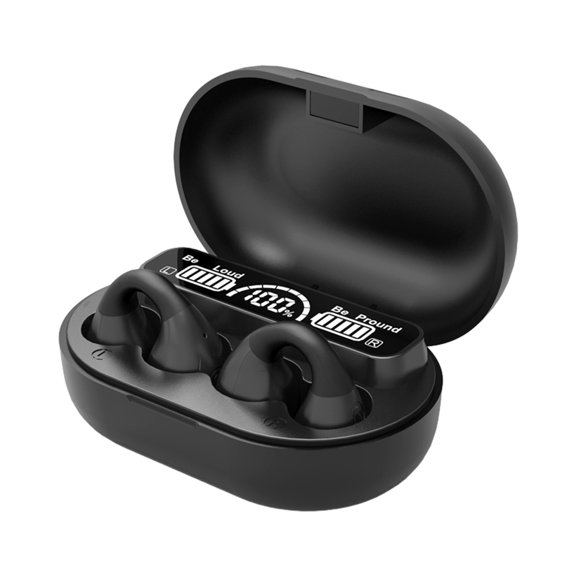 openpig Clip-On Earbuds, Open-Ear Wireless Bluetooth 5.3 Headphones with Mic, Secure Fit for Small Ears & Glasses Wearers, Smart Digital Display Design, Lightweight Comfort Open Ear Clip (Black)