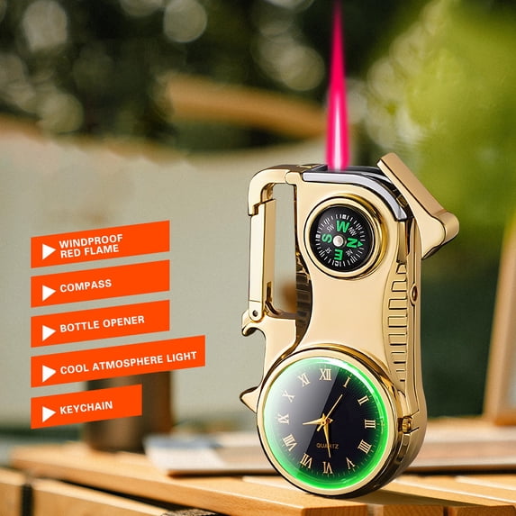 openpig Clock Dial Keychain Lighter, Metal Torch Lighter, Cool Lighter, Multifunctional Lighter With Compass for Camping Grill Fireplace Gold