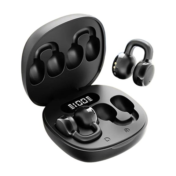 openpig Open Ear Earbuds, Clip-On Earbuds, Open-Ear Wireless Bluetooth Headphones, Secure Fit for Small Ears & Glasses Wearers, for Sports Running, Workout (Black)