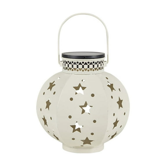 openpig Outdoor Solar Hanging Lantern Lights Metal LED Decorative Lamp for Garden Patio Courtyard Lawn and Table with Hollowed-Out Design, Beige