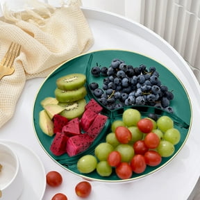 openpig Round Plastic Serving Tray/Platters, Food Storage Trays Containers, Snack Fruit Vegetable Trays, Round Fruit Serving Tray with 3 Compartments, Green