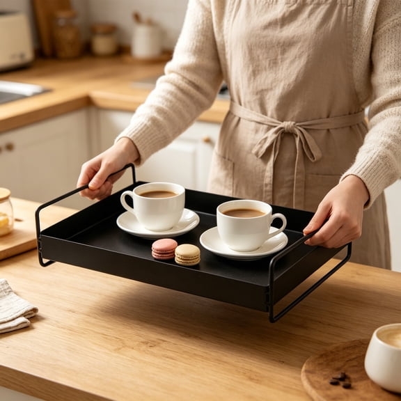 openpig Serving Trays with Handles, Rectangular Kitchen Food Tray for Eating, Dinner Trays for Eating on Couch, Serving Platter for Breakfast, Tea, Bar, Restaurant, Party or Bed (Black)