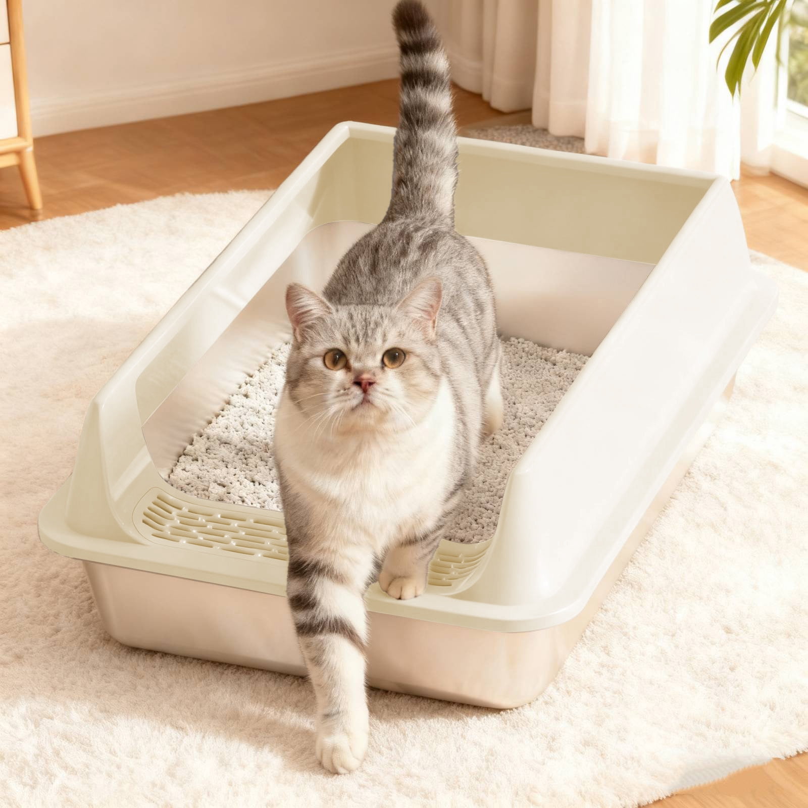 openpig Stainless Steel Litter Box, Metal Cat Litter Tray for Indoor Cats, Enclosure Cat Litter Pan for Cats, Non-Sticky Kitty Litter Box, Anti-Leakage, Khaki