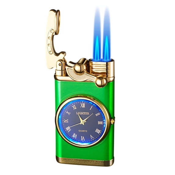 openpig Torch Dual Flame Lighter, Windproof Lighter, Vintage Lighter with Watch, Butane Refillable for Men/Husband (Fuel Not Included) Green