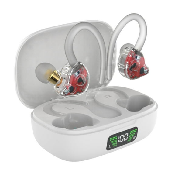 openpig Wireless Earbuds Bluetooth 5.3 Headphones Sport, Bluetooth Earbuds with Earhooks, Charging Case Digital Display Sports Ear Buds, Noise Cancelling Mic for Running Gym Workout-Clear