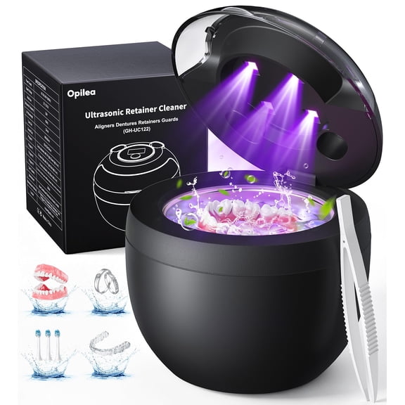 opilea Ultrasonic Retainer Cleaner Machine, 45kHz Deep Gentle Dental Cleaning Pod with 304 Stainless Steel Tank, 4 Cleaning Modes for Aligners, Dentures, Mouth Guards, Night Guards, Toothbrush Heads