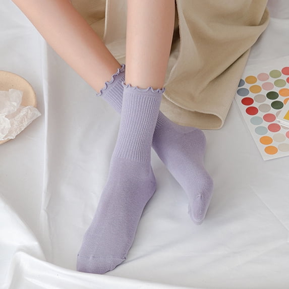 opolski 1 Pair Women Socks Mid-tube Shirring Edge Japanese Style Solid Color High Elasticity Anti-slip Thin Soft Breathable Sweat-absorption Anti-shrink Sports Piled Socks Blue