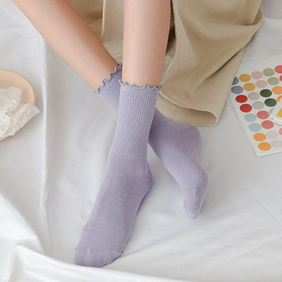 opolski 1 Pair Women Socks Mid-tube Shirring Edge Japanese Style Solid Color High Elasticity Anti-slip Thin Soft Breathable Sweat-absorption Anti-shrink Sports Piled Socks White