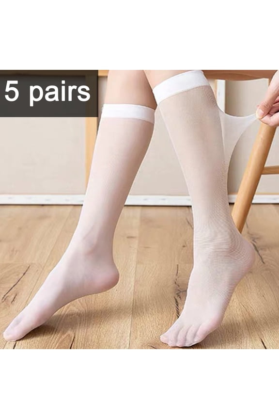 5 Pairs Women Stockings Ultra-thin See-through High Elasticity Anti-slip Solid Color Soft Breathable Quick Dry Lady Calf Length Long Socks Coffee
