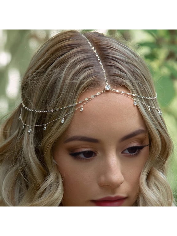 Boho Style Head Chain Rhinestones Pendant Double Layer Elegant Headpiece Bling Bridal Forehead Chain Jewelry Gift Hair Accessory Silver