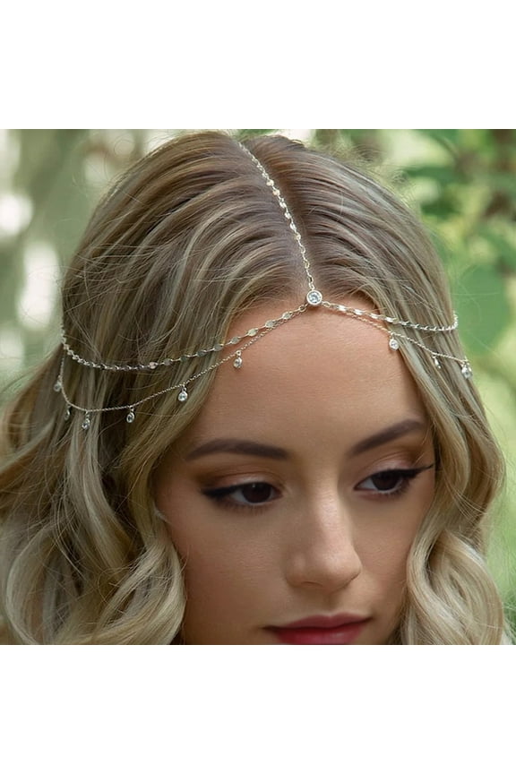 Boho Style Head Chain Rhinestones Pendant Double Layer Elegant Headpiece Bling Bridal Forehead Chain Jewelry Gift Hair Accessory Silver