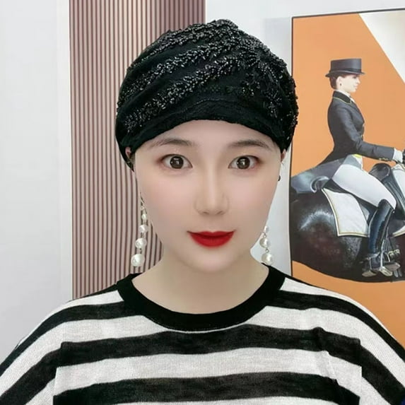 opolski Ladies Turban Hat Sequin Decor Color Matching Embroidery Lightweight Headscarf Hair Cover Cap Lady Head Wrap Female Daily Beanie Black & Silver