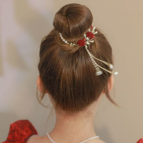 opolski Lady Ponytail Claw Fake Rose Faux Pearl Long Tassel Chain Multi Teeth Stainless Hair Decoration Lightweight Bridal Hair Bun Hair Card Hair Bun Clipper Hair Accessories White   Red