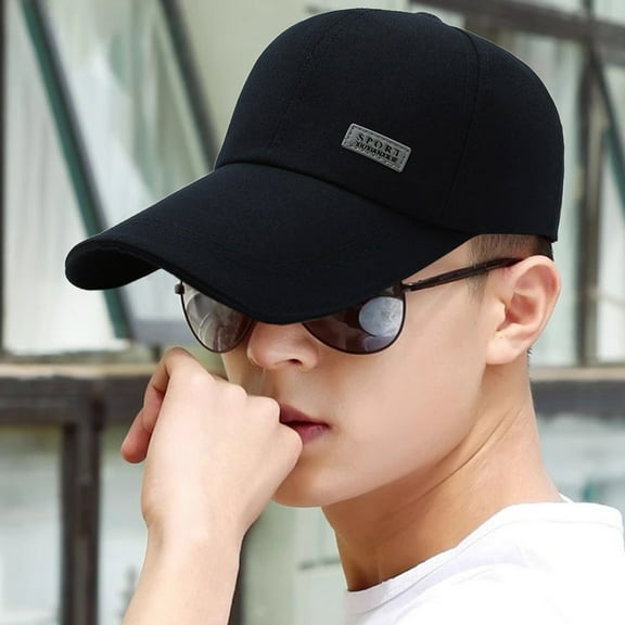 opolski Men Baseball Hat Long Hard Brim Solid Color Sunscreen Anti-UV Adjustable Ponytail Hole Casual Hip Hop Outdoor Sun Cap Navy Blue