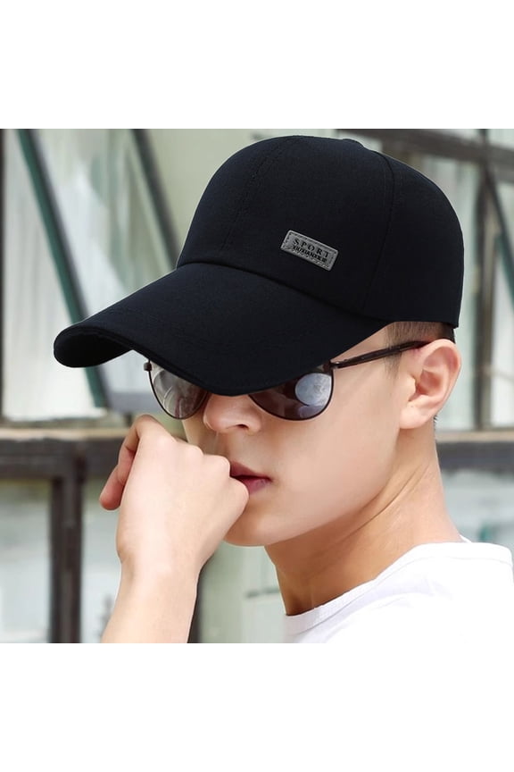 Men Baseball Hat Long Hard Brim Solid Color Sunscreen Anti-UV Adjustable Ponytail Hole Casual Hip Hop Outdoor Sun Cap Navy Blue