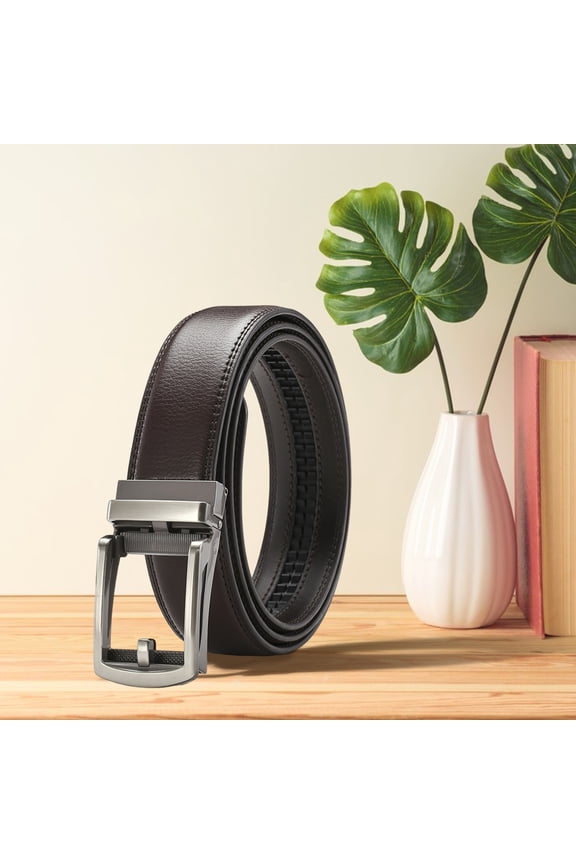 Men Faux Leather Belt Micro Automatic Buckle Ratchet Track Belt Scratch-resistant Belt Fashion Accessories Black