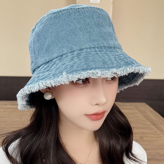opolski Women Bucket Hat Sun Anti UV Wide Brim Ripped Edge Flat Top Foldable Retro Windproof Breathable Outdoor Camping Fishing Sun Cap Light Blue