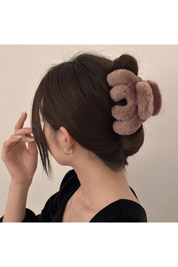 Women Hair Claw Solid Color Soft Fluffy Plush Anti-slip Strong Claw Lighweight Portable Lady Hair Gripper Hair Organization Clamp D