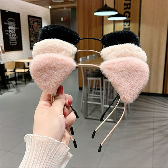 opolski Women Hairband Soft Fluffy Plush Cartoon Kitty Ear Decor Elastic Narrow Brim Anti-slip Regular Fit Solid Color Head Decoration Hair Hoop Black