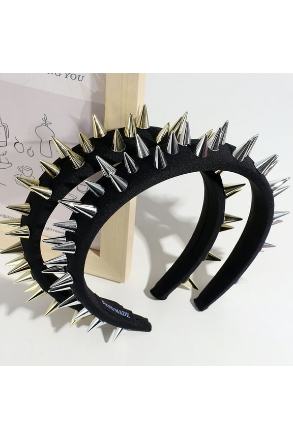 Women Headband Exaggerated Punk Style Long Rivet Decor Wide Band Elastic Anti-slip Lady Hair Decoration Hair Hoop Hair Accessory Silver