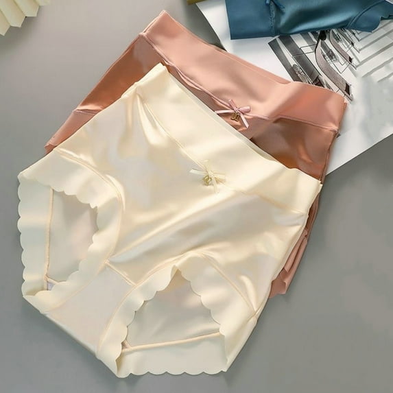 opolski Women High Waist Panties Solid Color Bowknot Decor Wave Trim Control Belly Hip Lifting Briefs Breathable Underpants