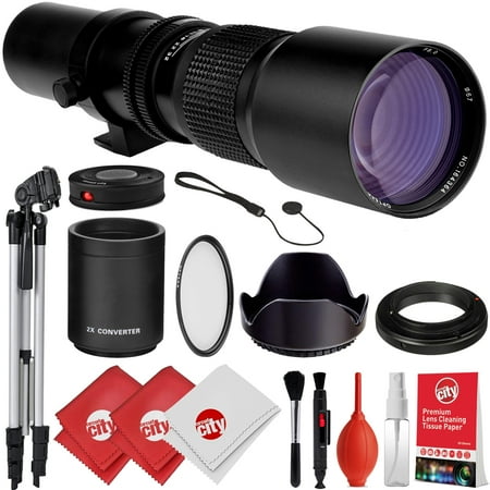 opteka 500mm/1000mm f/8 manual telephoto lens + tripod kit for canon eos 80d, 77d, 70d, 60d, 7d, 6d, 5d, 5ds, rebel t7i, t7s, t6i, t6s, t5i, t5, t4i, t3i, t3, t2i, t1i, sl2 and sl1 digital slr cameras