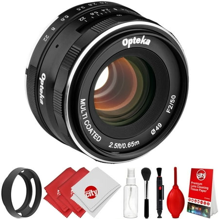 opteka 50mm f/2.0 hd mc manual focus prime lens + hood + cleaning kit for olympus micro 4/3 mount digital cameras