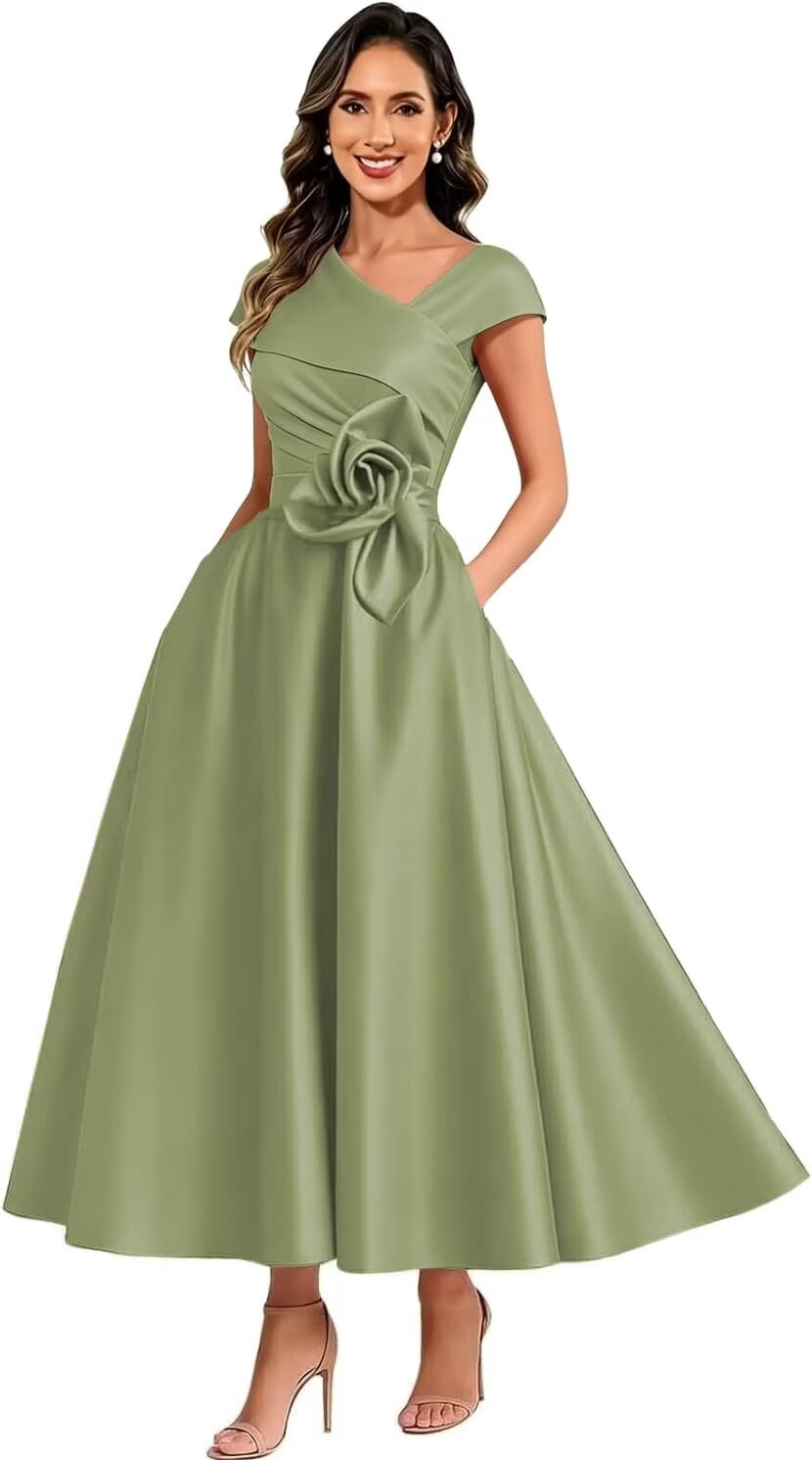 optkeat V Neck Cap Sleeve Mother of The Bride Dress, Tea Length A-Line ...