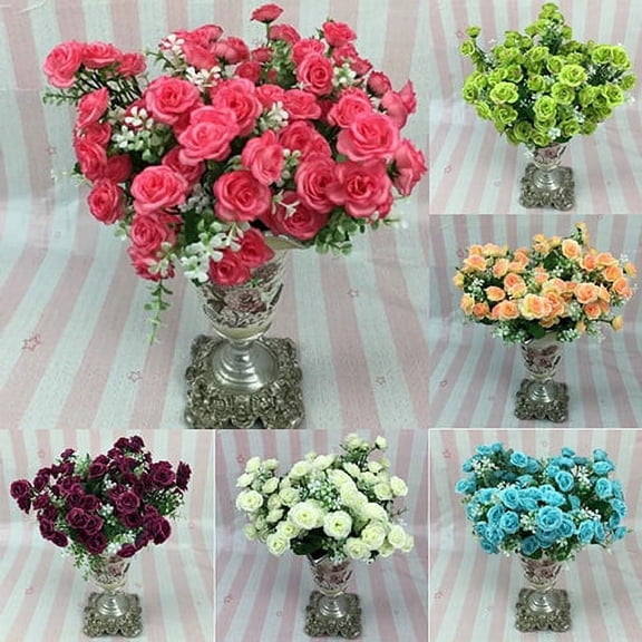 opvise 1 Bouquet 5 Branches 15 Heads Artificial Rose Wedding Home Decor Faux Silk Flower Green