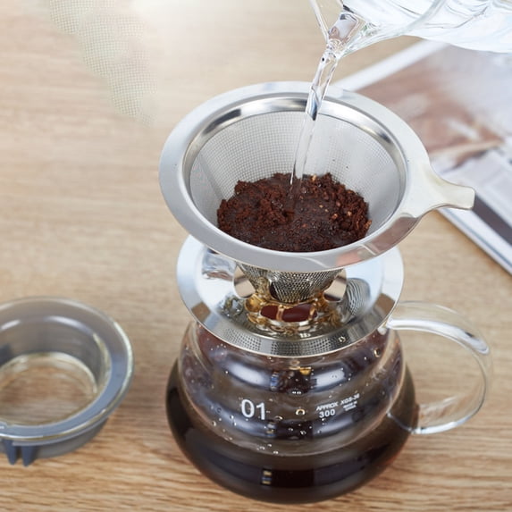 opvise 1 Set Coffee Funnel Filter Stainless Steel Coffee Dripper Heat-resistant Reusable Cone Filter for Home Kitchen B