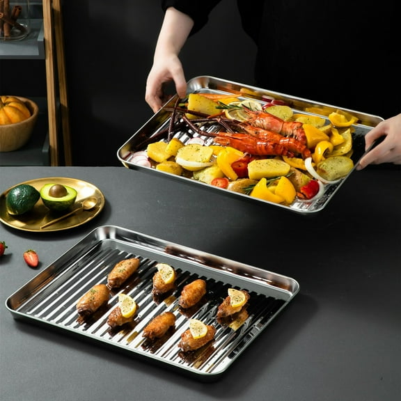 opvise 1 Set Stainless Steel Baking Tray with Mesh Rack Heavy Duty Non-stick Heat Resistant Food Grade Rectangle Bakeware