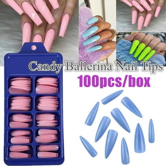 opvise 100Pcs/Set Full-paste Pointed Fake Nail Solid Color Manicure Sticker Accessories