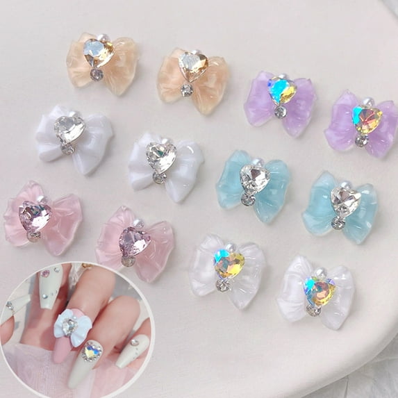 opvise 10Pcs Nail Art Charms Shiny DIY Manicure Nail Tips Accessory Love Heart Rhinestone Bow Nail Decoration for Nail Salon