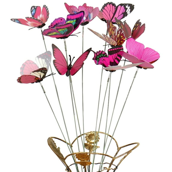 opvise 10Pcs/Set Simulation Butterfly Stick Outdoor Garden Flower Pot Decor Ornament Red