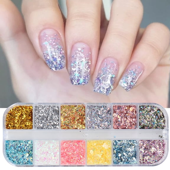 opvise 12 Grids/Box Nail Foils Irregular Summer Effect Smooth Gold Silver DIY Manicure Flakes for Beauty