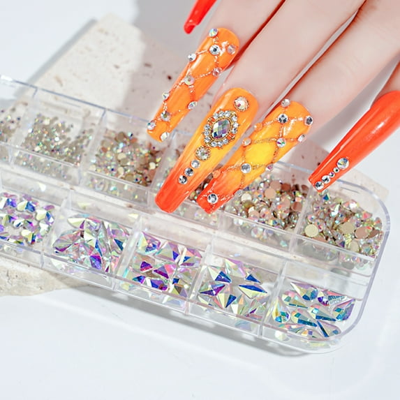 opvise 12Grids/Box Nail Art Rhinestone Flat Back Non-Drop Lightweight Mixed Colorful AB Nail Art Glitter Decorations for Manicure