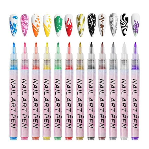 opvise 12Pcs Nail Art Pens Quick Dry Vibrant Color Excellent Saturation Water-Resistant Grip Comfortable DIY Plastic Nail Graffiti Pens 12pcs