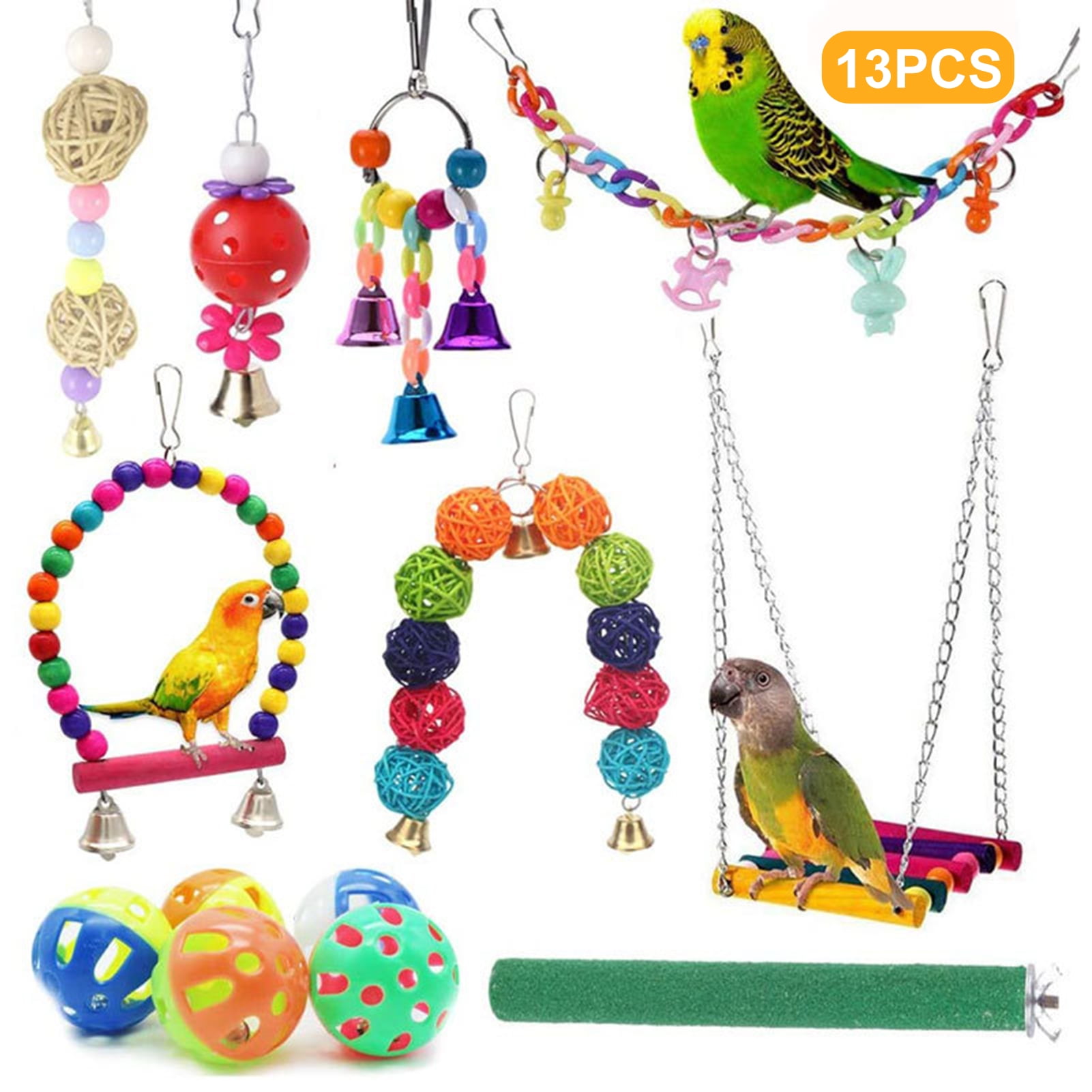 Opvise 13Pcs Cockatiel Toys Kit, Wood, Parrot Swing, Bell, Cage ...