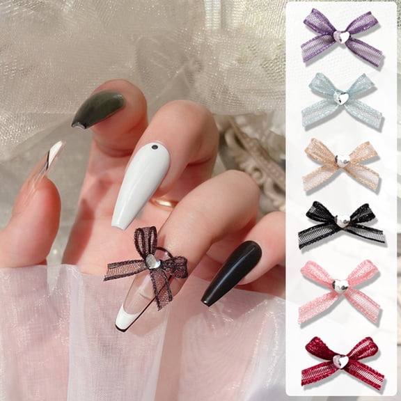 opvise 2Pcs Nail Ornaments Love-Heart Design Vivid Color Non-Fading Show Unique Charm Gauze Bow-knot Style Nail Art Decorations for Nail Salon