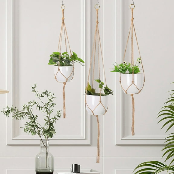 opvise 2Pcs Plant Hangers Hollow Handcrafted Linen Rope Universal Hanging Plant Holders Household Supplies Khaki