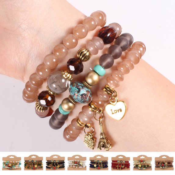opvise 4 Pcs/Set Owl Pendant Eiffel Tower Decor Women Bracelets Elastic Rope Women Pendant Bohemia Beads Bracelets Jewelry Accessory