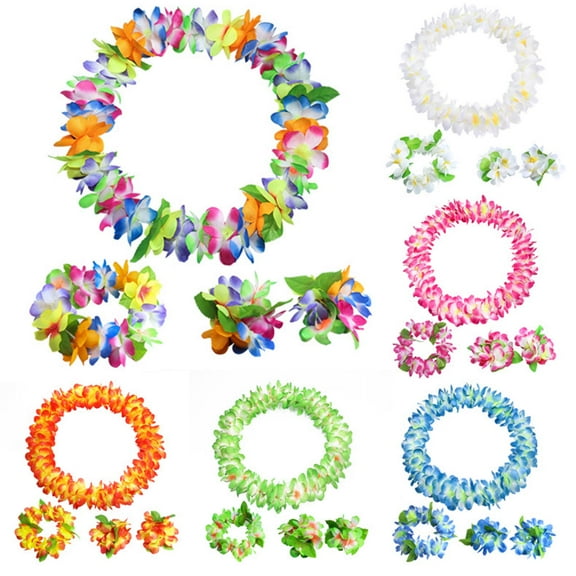 opvise 4Pcs/Set Thickening Vibrant Color 80Pcs Flower Hawaiian Garland Hawaiian Flowers Necklace Headband Bracelets Lei Party Supplies White 4pcs