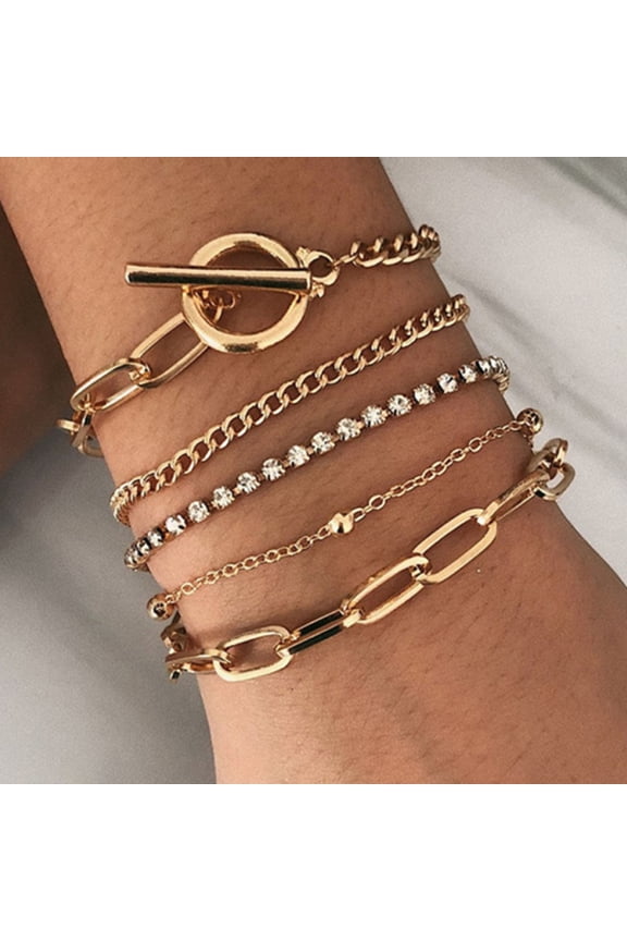 5 Pcs Women Bracelets Multilayer Chain Jewelry Adjustable Rhinestones Bracelets for Party