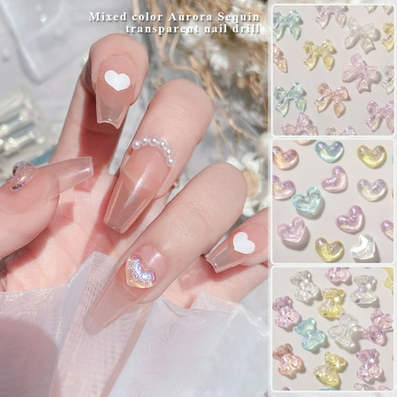 opvise 50Pcs/Pack Nail Art Decorations Love Heart Bow-knot Bear Lovely Manicure Accessories Colored Transparent Nail Resin Charms Nail Supplies