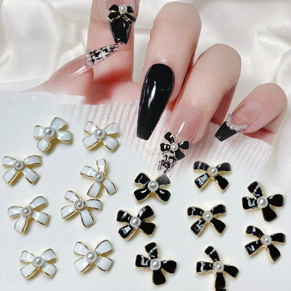 opvise 5Pcs Nail Ornaments Shiny Stunning Visual Effect Match Freely Fake Pearl Decorative Metal Black White Bow-knot Style DIY Nail Art Decorations for Nail Salon