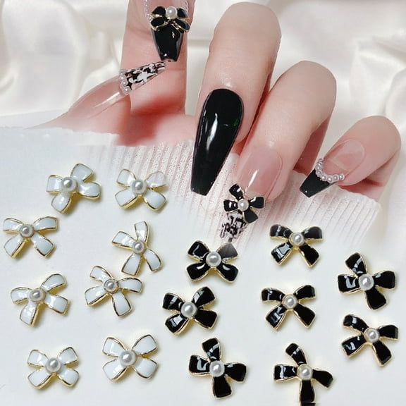 opvise 5Pcs Nail Ornaments Shiny Stunning Visual Effect Match Freely Fake Pearl Decorative Metal Black White Bow-knot Style DIY Nail Art Decorations for Nail Salon