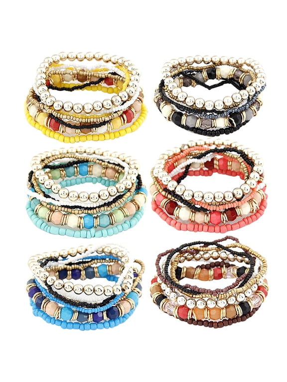 7 Pcs/Set Women Boho Bohemian Mix Style Multilayer Elastic Beaded Bracelets for Banquet Party
